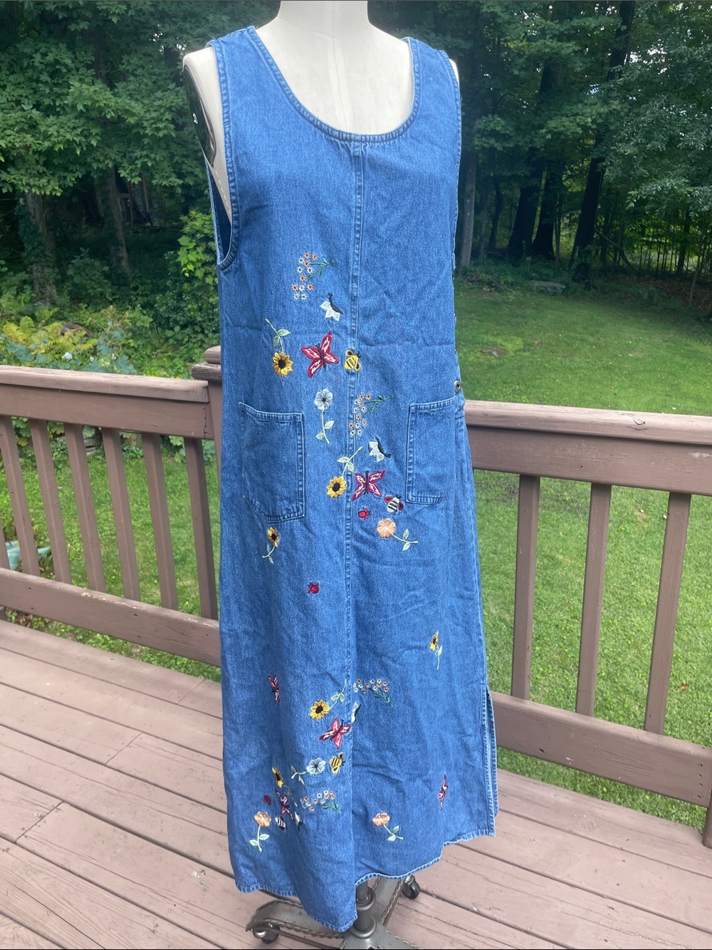 Embroidered 90s Denim Sleeveless Maxi Dress